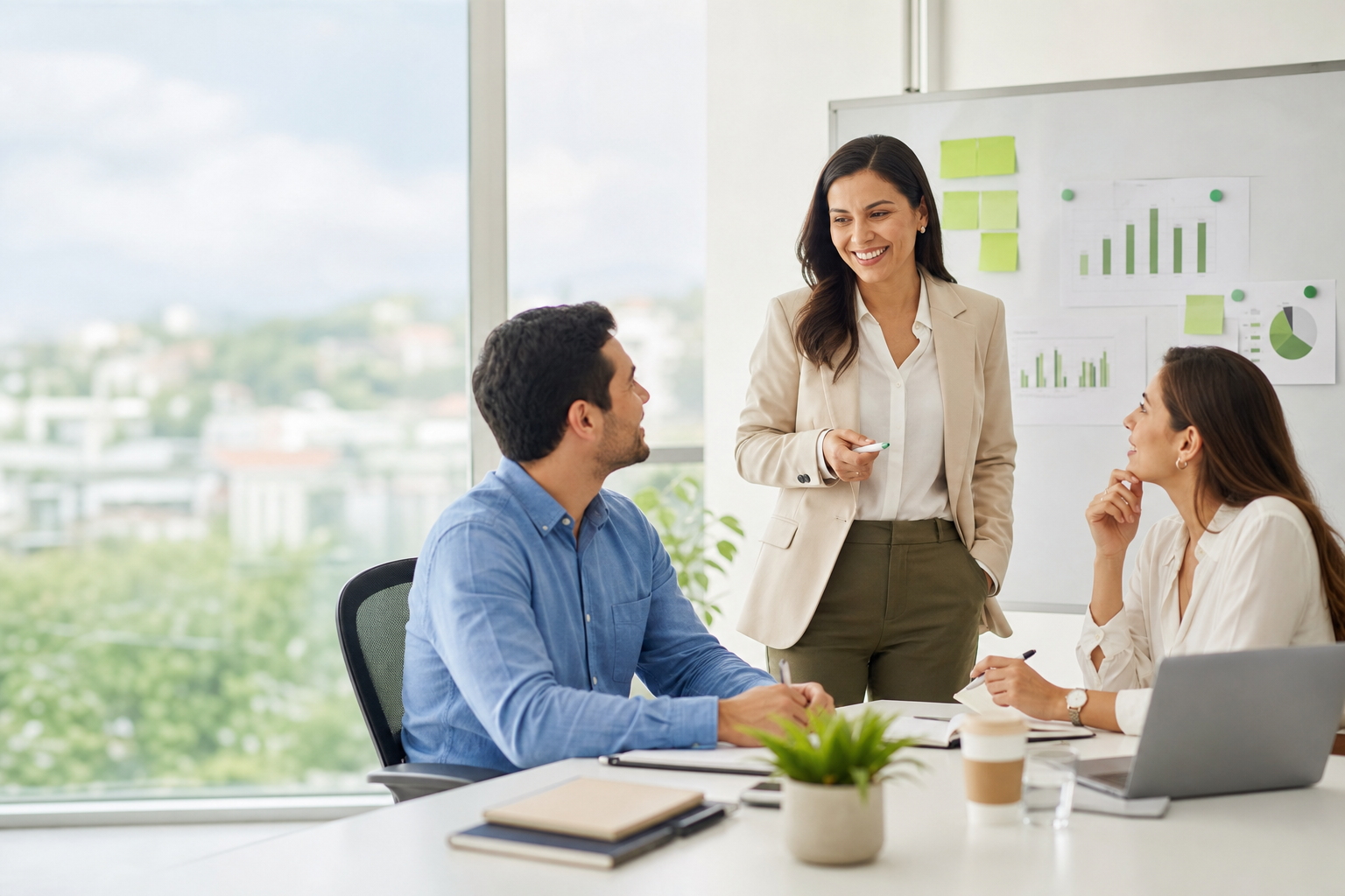 Equipo en sesión de coaching y desarrollo de liderazgo en una oficina luminosa