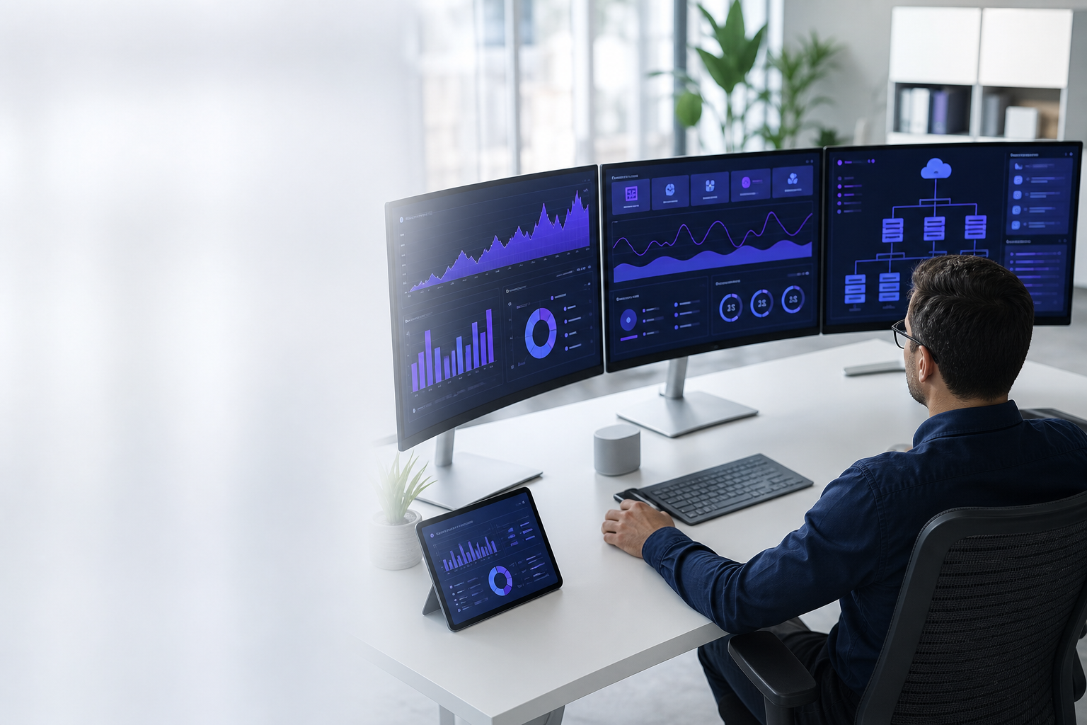 Profesional analizando dashboards ERP y CRM en monitores en una oficina tecnológica luminosa